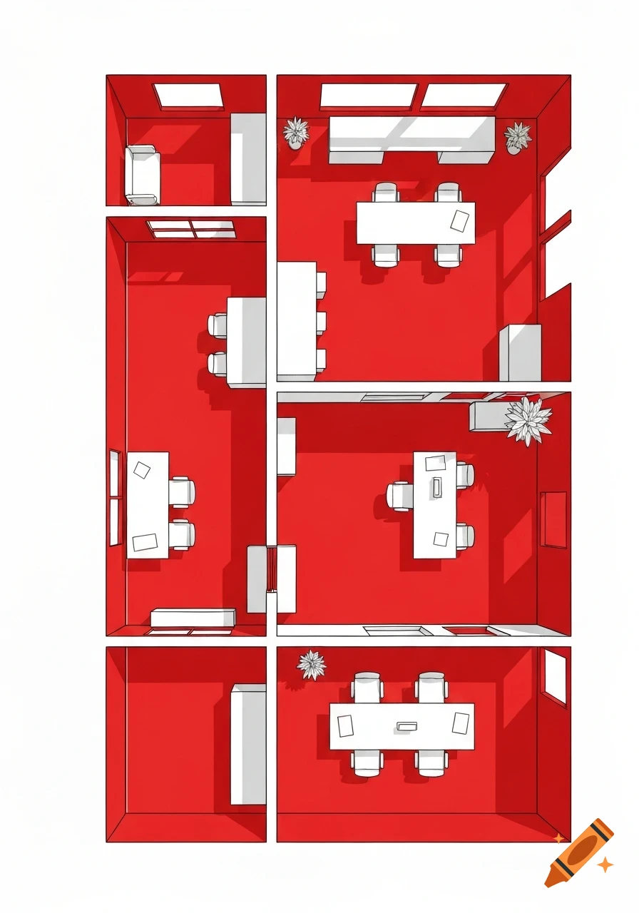 Top-down view of a minimalist red and white office floor plan with tables, chairs, and other office furniture.