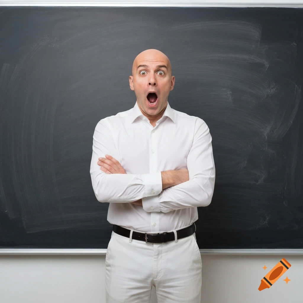 A bald man in a white shirt and pants stands surprised with arms crossed in front of a blank blackboard.