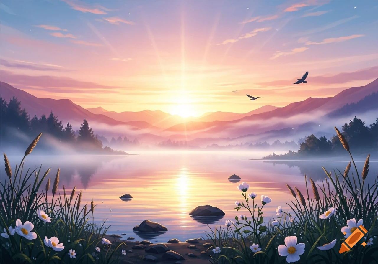 A serene landscape features a vibrant sunrise over a tranquil lake, surrounded by mist-shrouded mountains and foreground wildflowers.