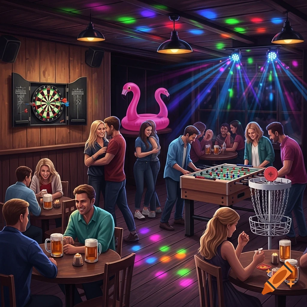 A lively pub scene at night, with people socializing, drinking beer, and playing darts, foosball, and disc golf under colorful disco lights.