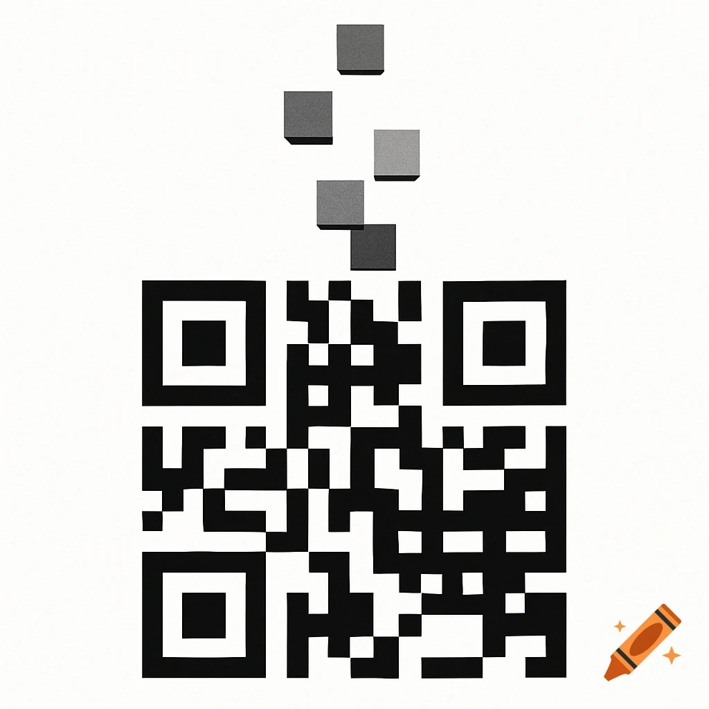 A minimalist black and white illustration of a QR code with gray Tetris-like blocks falling from above to form it.