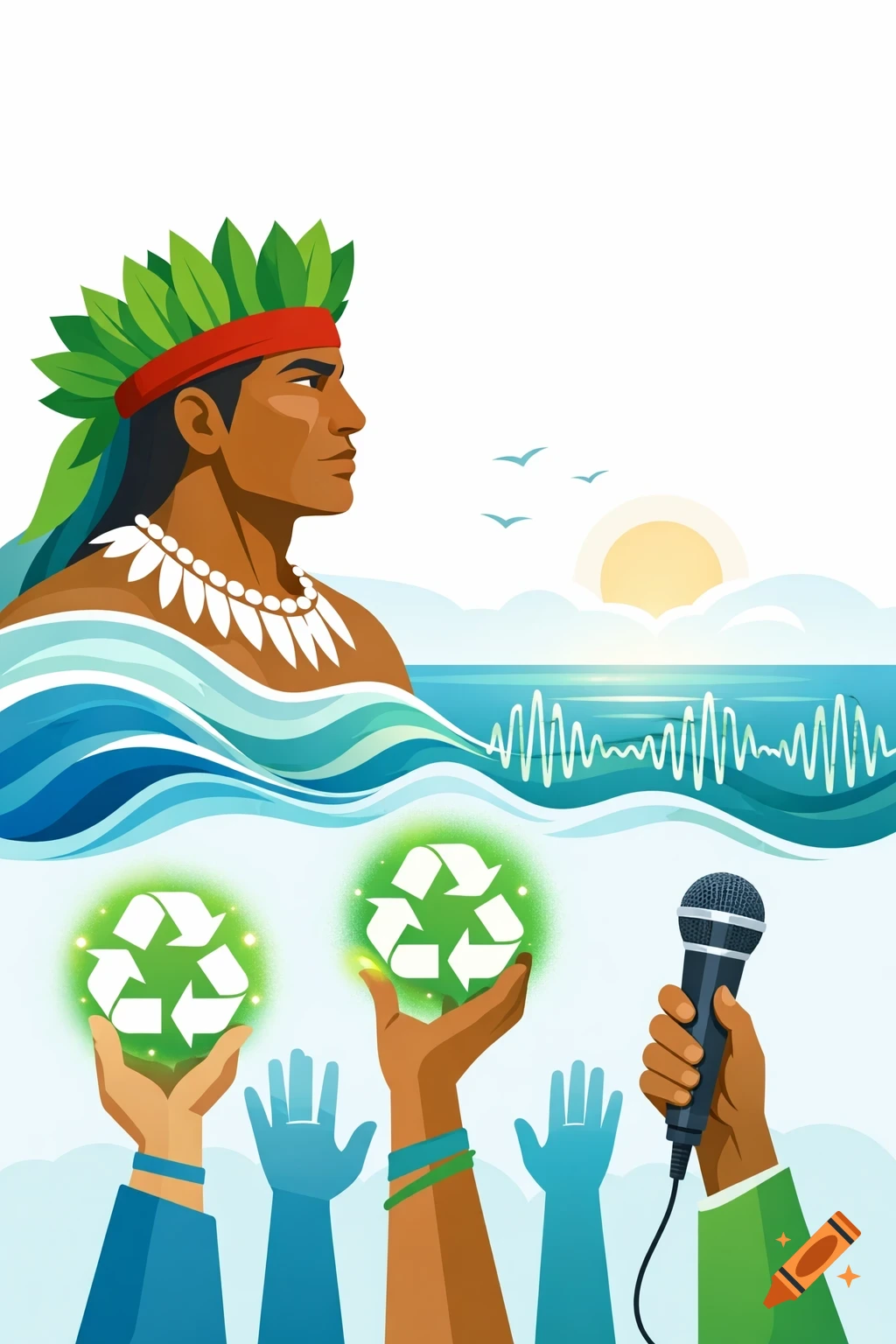 Flat vector illustration of a Brazilian Caboclo guardian with a leaf crown looking at ocean waves with sound waves. Hands below hold recycling symbols and a microphone.