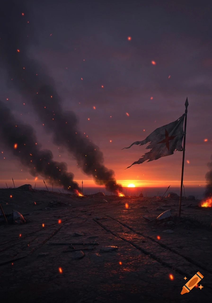 A dark battlefield at sunset with smoke, fires, and embers, a tattered flag flying on the right.