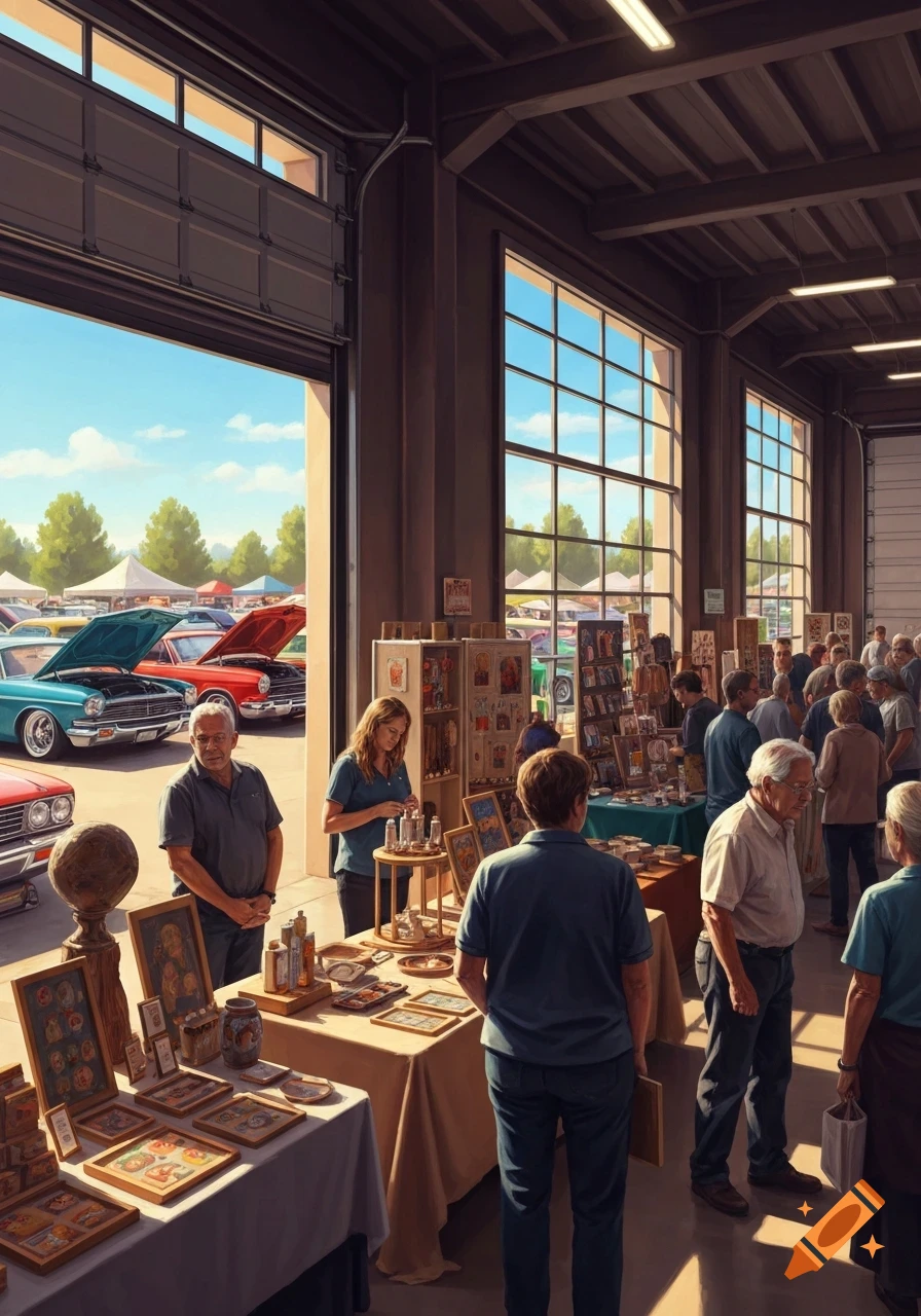 A bustling indoor market with vendor booths and many people, with classic cars on display outside a large open garage door.
