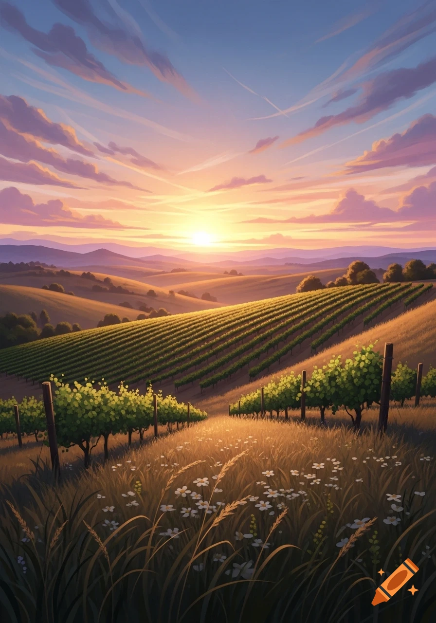 A stylized landscape of rolling vineyards under a vibrant sunset sky, with white wildflowers in the foreground.