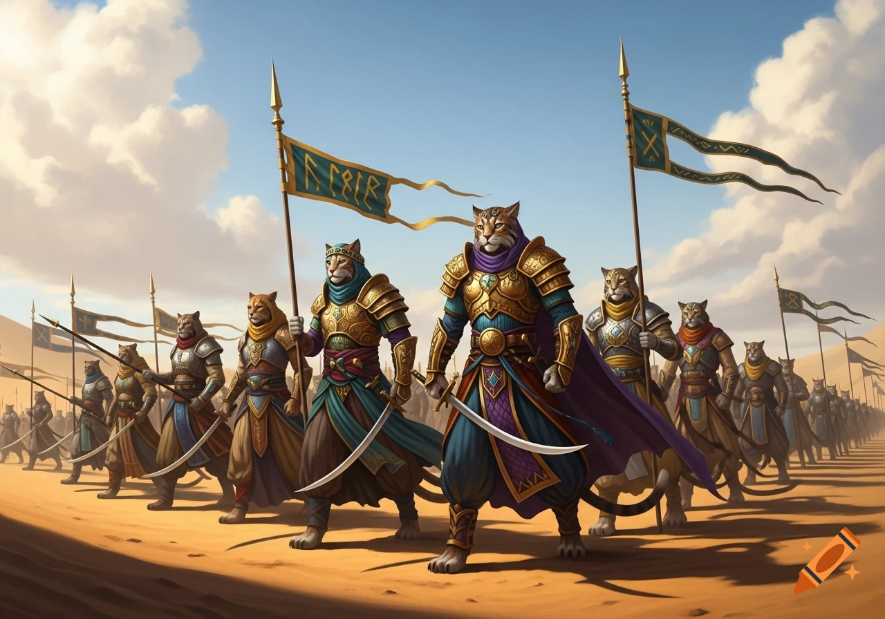 An army of anthropomorphic cat warriors in ornate fantasy armor marches through a desert under a blue sky.