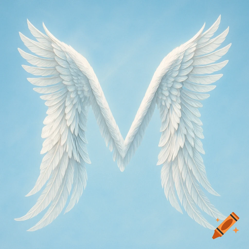 White angel wings form the letter M against a light blue sky.
