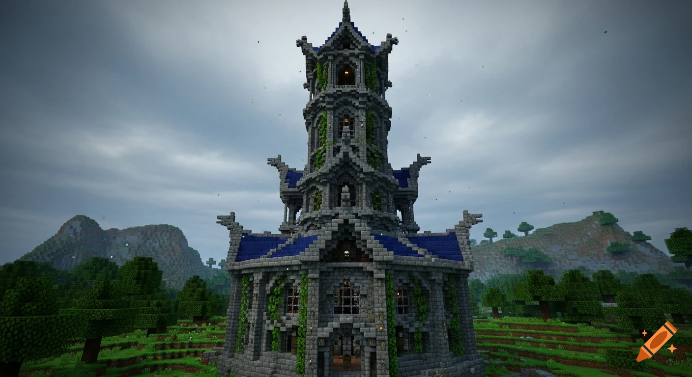 A tall, gothic-style Minecraft mage tower made of grey stone with blue ...