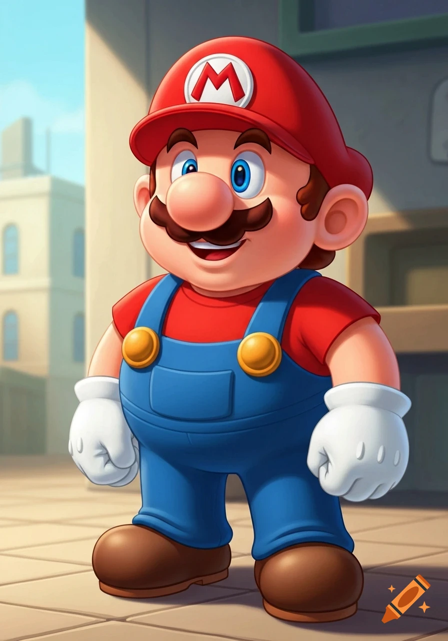Disney-styled illustration of Mario smiling and standing in an urban setting.