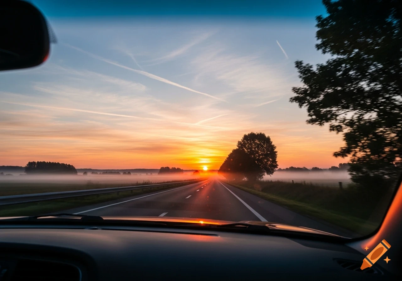 A view from inside a car on a highway at sunrise, with a bright sun, misty fields, and trees along the road.
