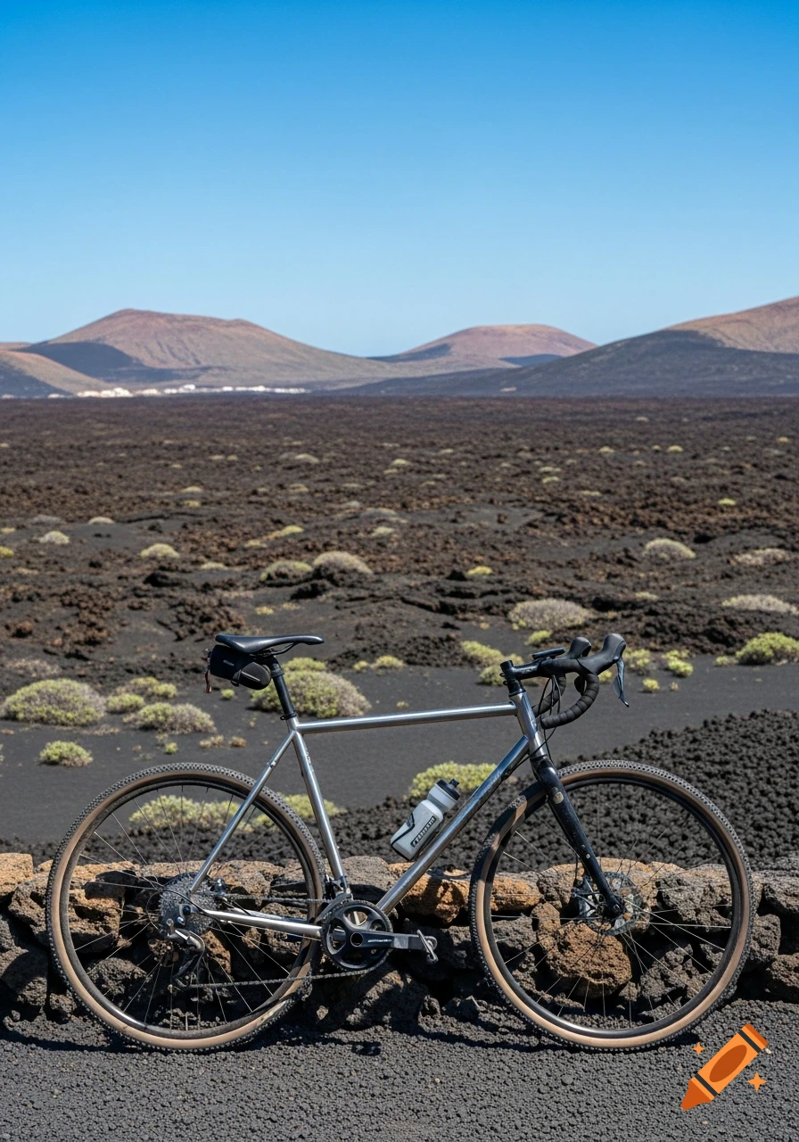 A silver gravel bike stands on a stone wall in a vast volcanic landscape under a clear blue sky.