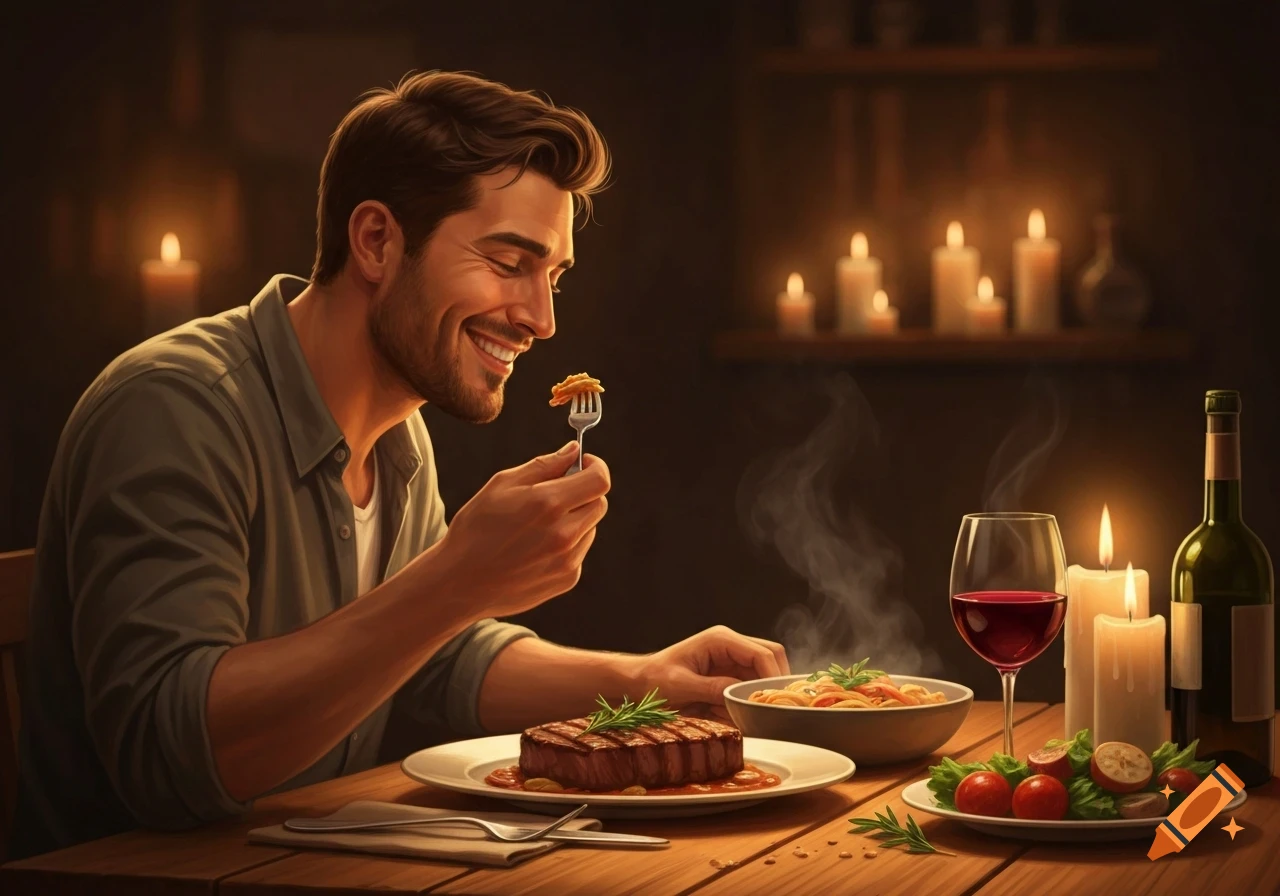 A smiling man enjoys a candlelit dinner, holding a forkful of pasta over a table with steak, salad, and wine.