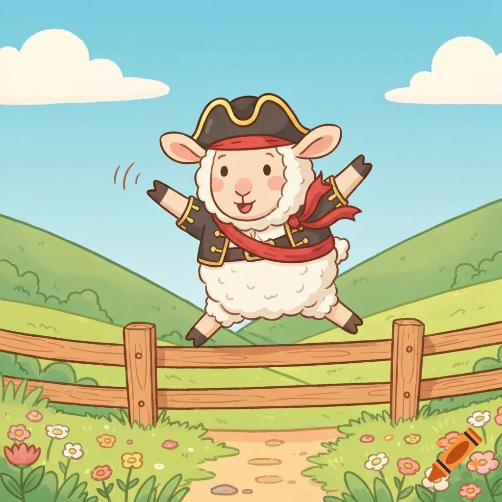 A cute cartoon sheep in a pirate costume jumps over a wooden fence in a sunny green field with flowers, in a children's book illustration style.