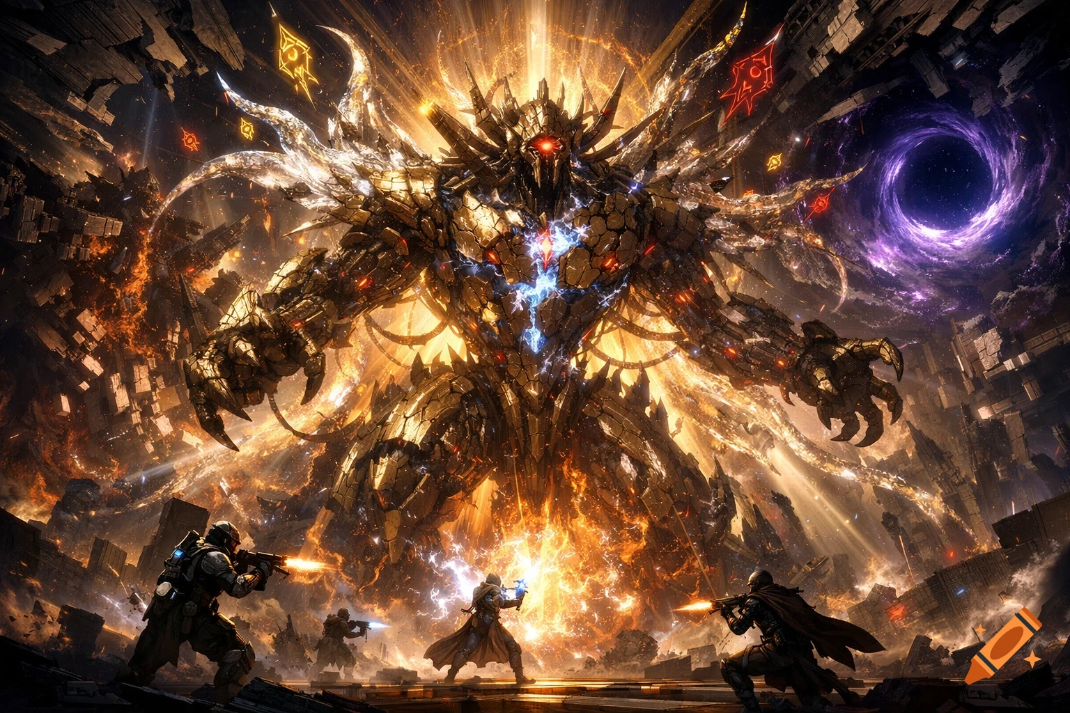 A colossal golden mechanical boss with glowing red eyes and spiky armor, radiating energy, looms over tiny armed Guardians in a destructed sci-fi city with a purple black hole.