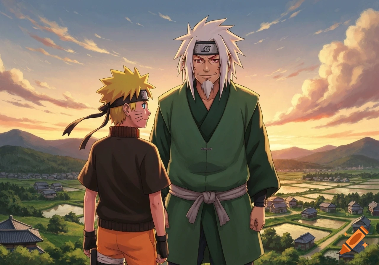 Young Naruto and Jiraiya stand on a hill overlooking a peaceful village at sunset in an anime style.