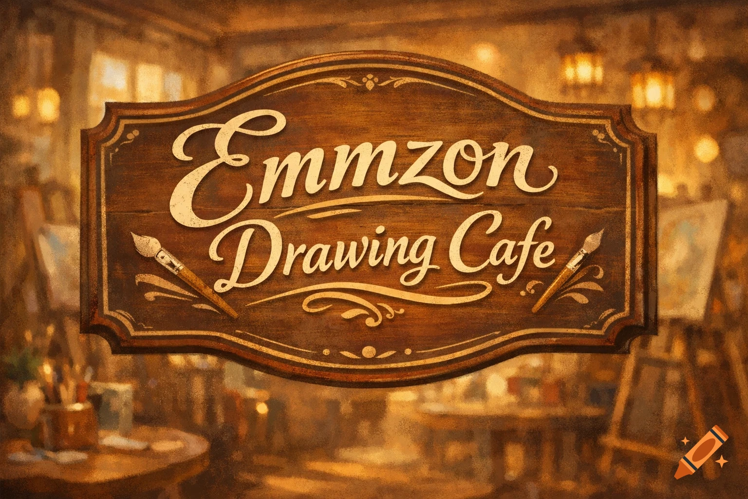 A vintage-style wooden sign with 'Emmzon Drawing Cafe' in decorative script, set against a warm, blurry art studio interior.