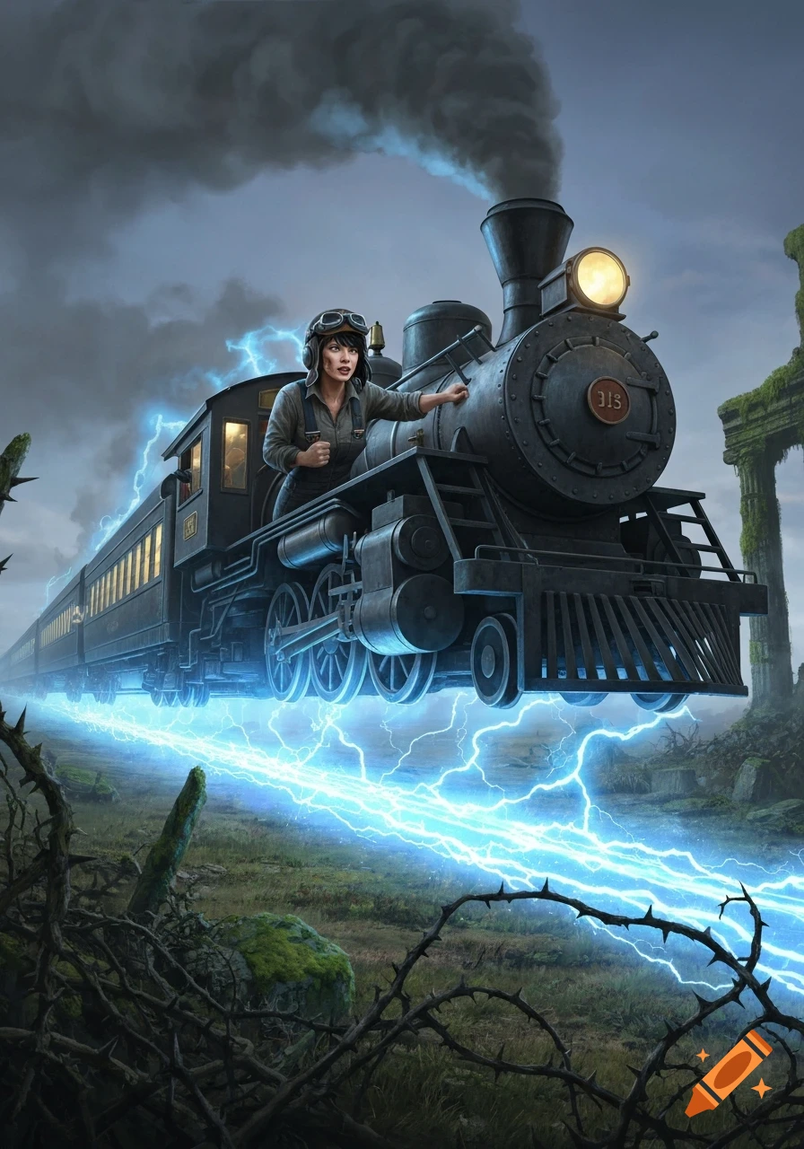 A woman in a pilot's cap rides a steam train floating on blue electrical lightning over thorny plains with mossy ruins, in a fantasy art style.