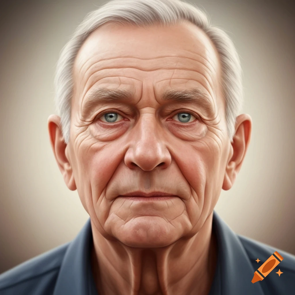 Close-up portrait of an elderly man with white hair and blue eyes, looking directly ahead.