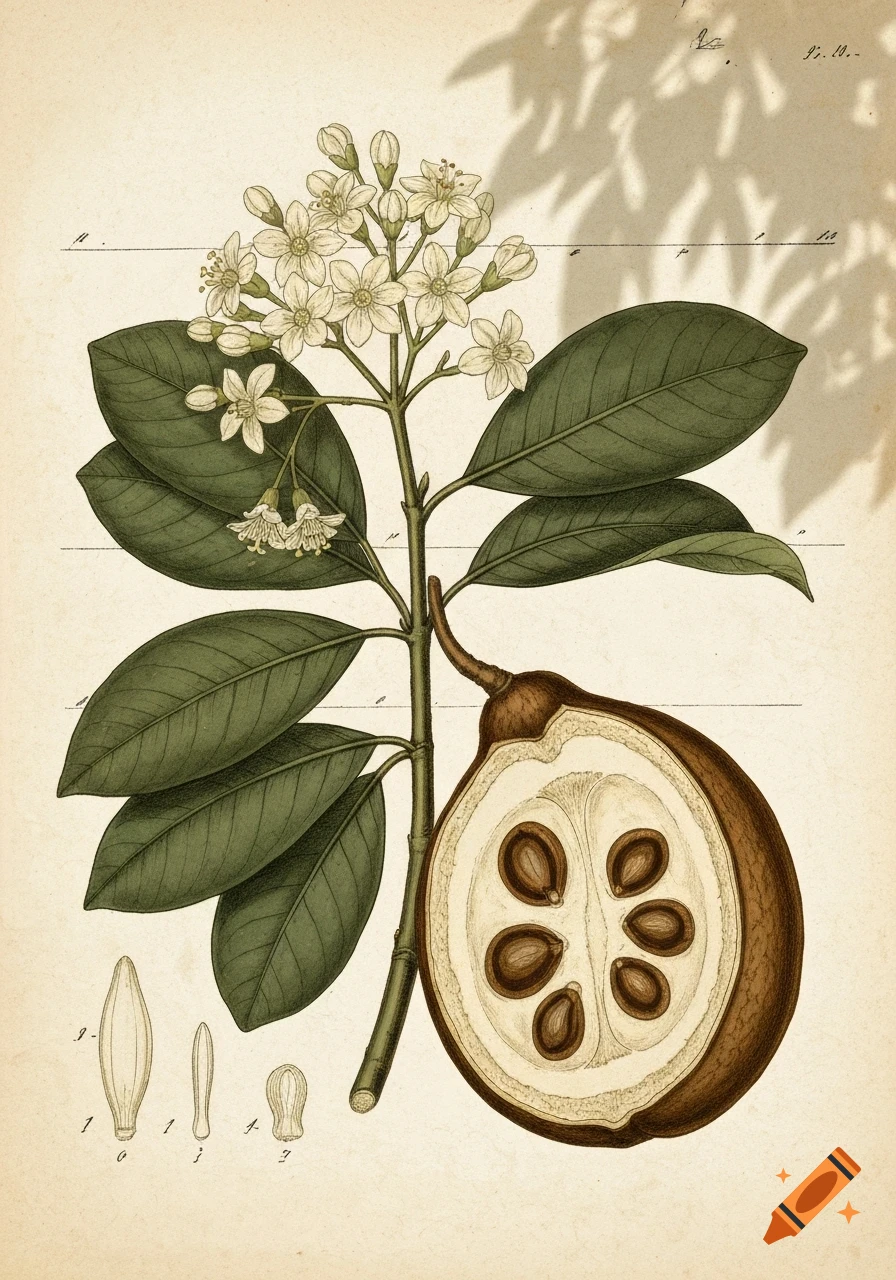A vintage botanical illustration of a plant stem with white flowers, green leaves, and a cross-section of a brown fruit with seeds.