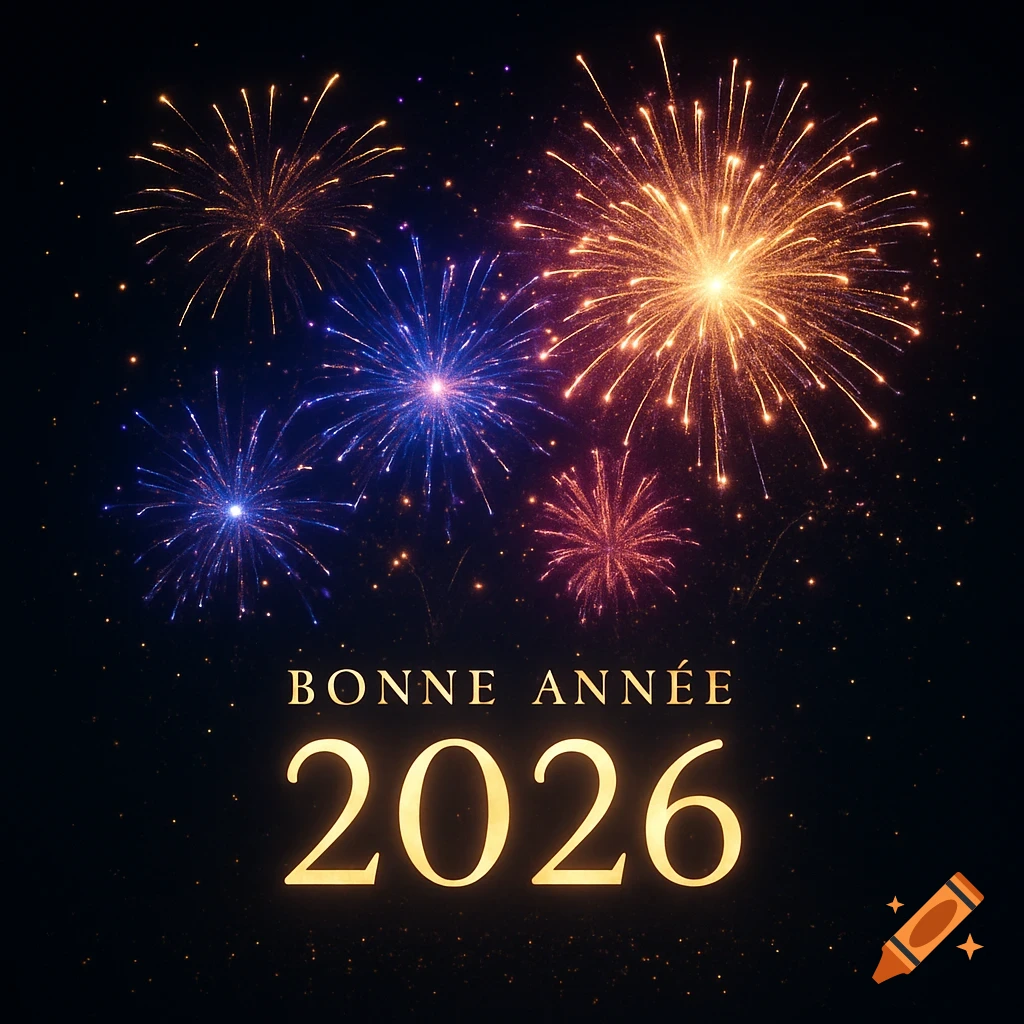 Colorful fireworks explode in a dark night sky above golden text "BONNE ANNÉE 2026", signifying a New Year's greeting.