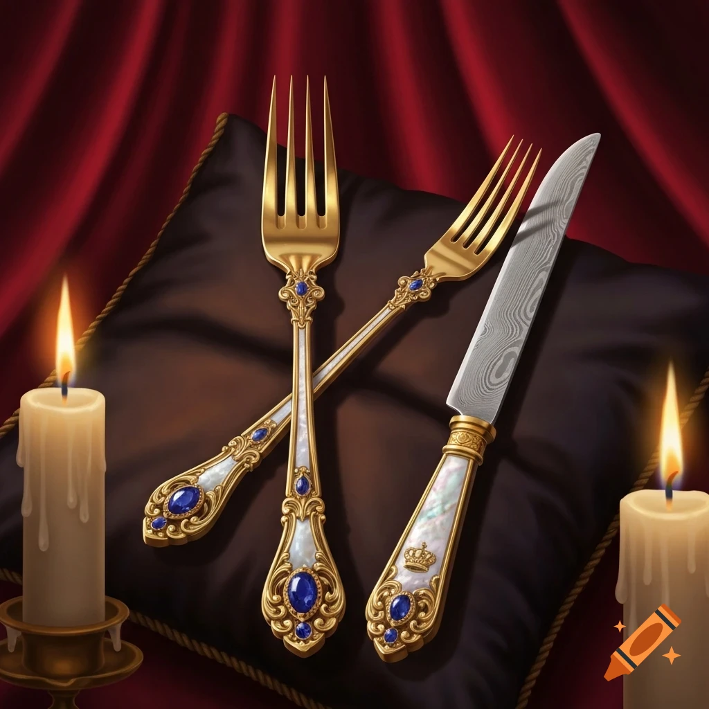 Ornate golden forks and a knife with blue gems and mother-of-pearl handles on a dark cushion, flanked by lit candles.