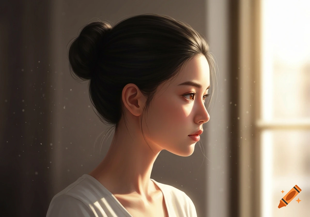 Digital painting of a young woman with dark hair in a bun, bathed in ...