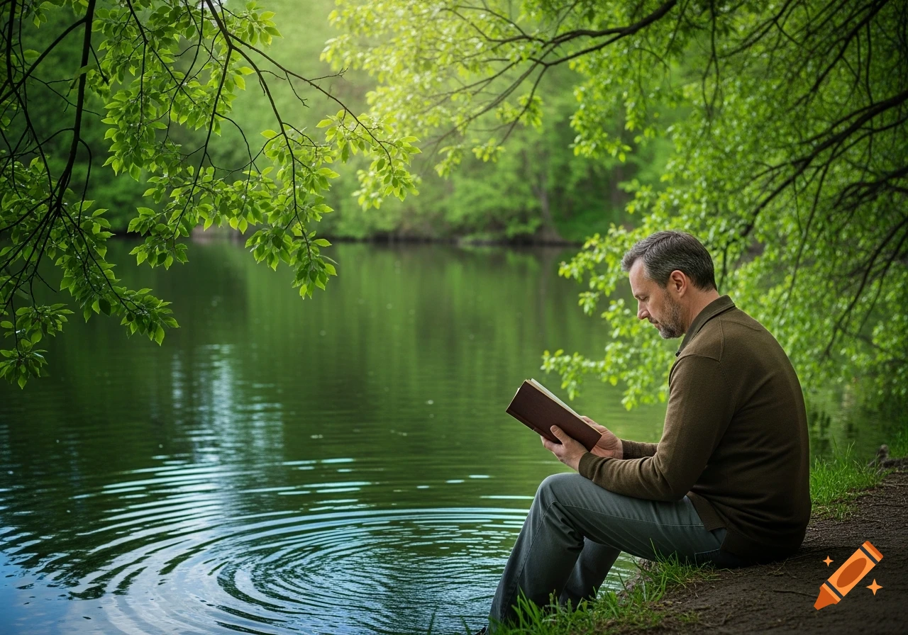 A man sits on the bank of a serene lake, reading a book under the shade of lush green trees on a sunny day.