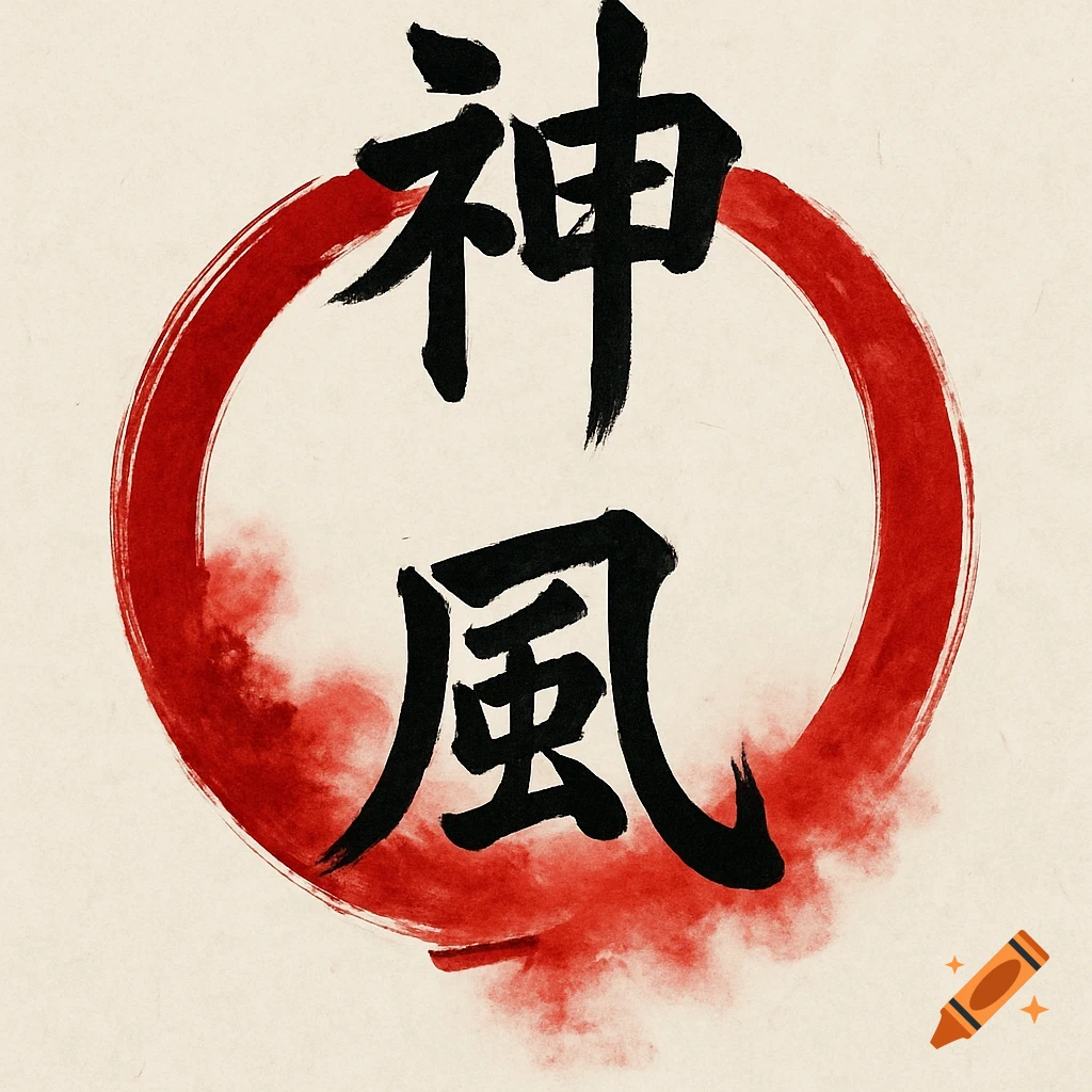 Black Japanese calligraphy characters for "Kamikaze" (神風) within a red enso-style circle with bleeding ink effects, on a light background.