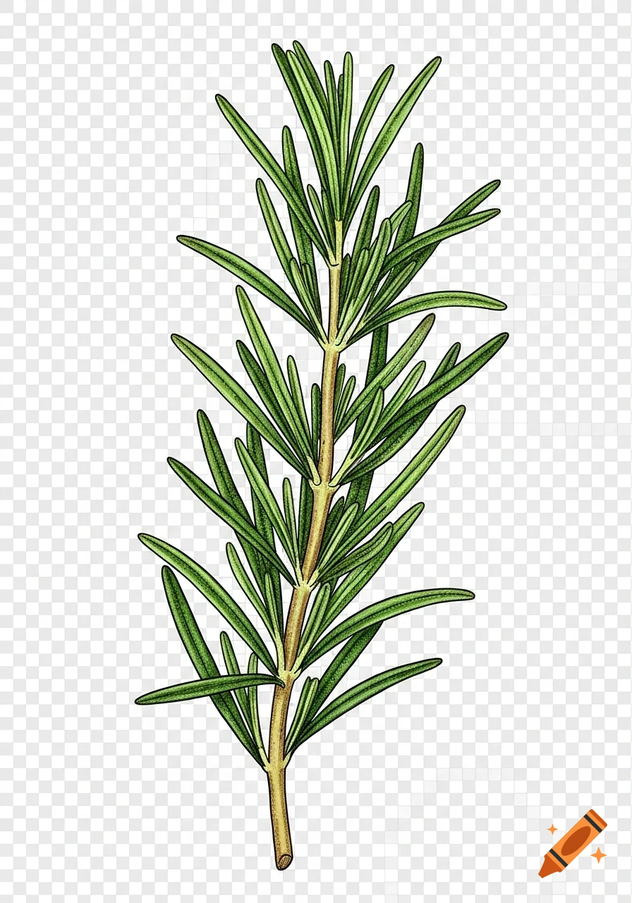 Hand-drawn illustration of a single green rosemary sprig on a transparent background.