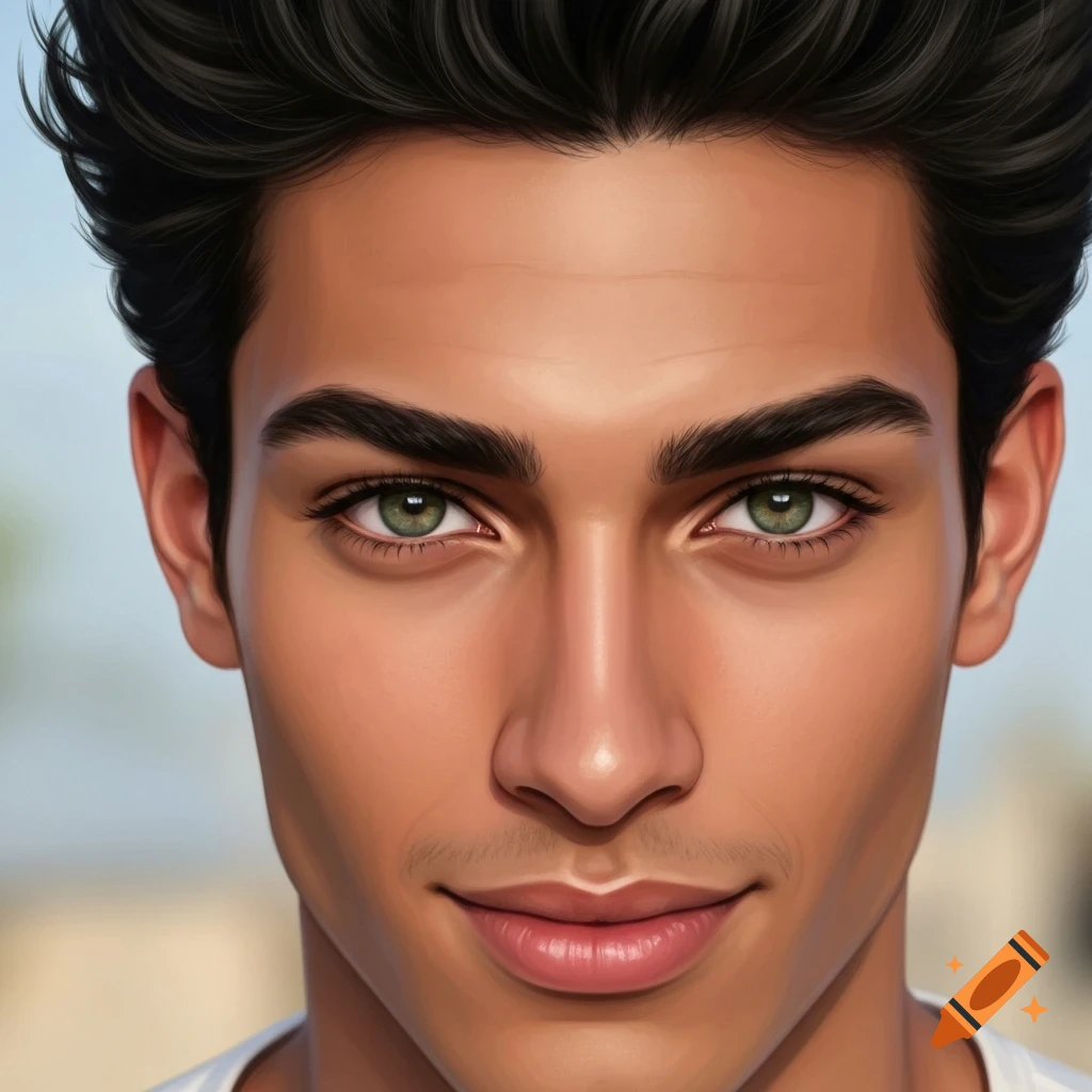Close-up photorealistic portrait of a young man with dark hair, green eyes, and a slight smile.