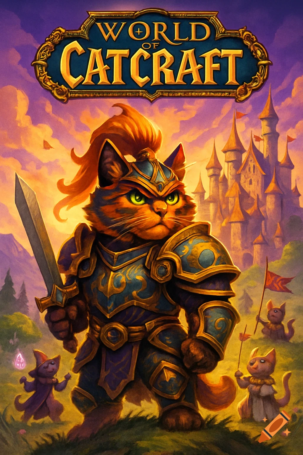 A vibrant fantasy game poster for 'World of Catcraft' featuring an armored cat warrior with a sword, smaller cats, and a castle.