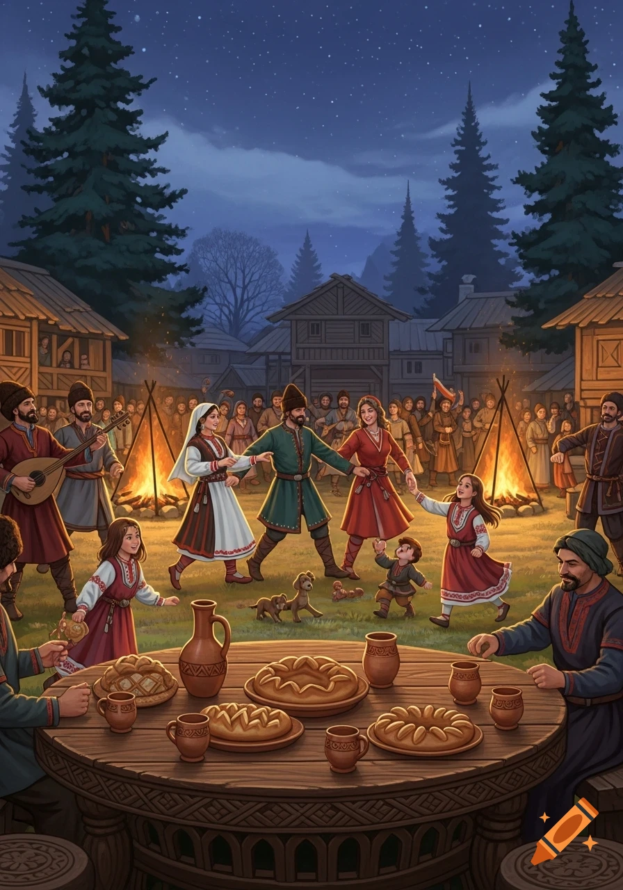 A vibrant folk celebration at night in a village, people in traditional clothing dancing around a bonfire. Food on a table.