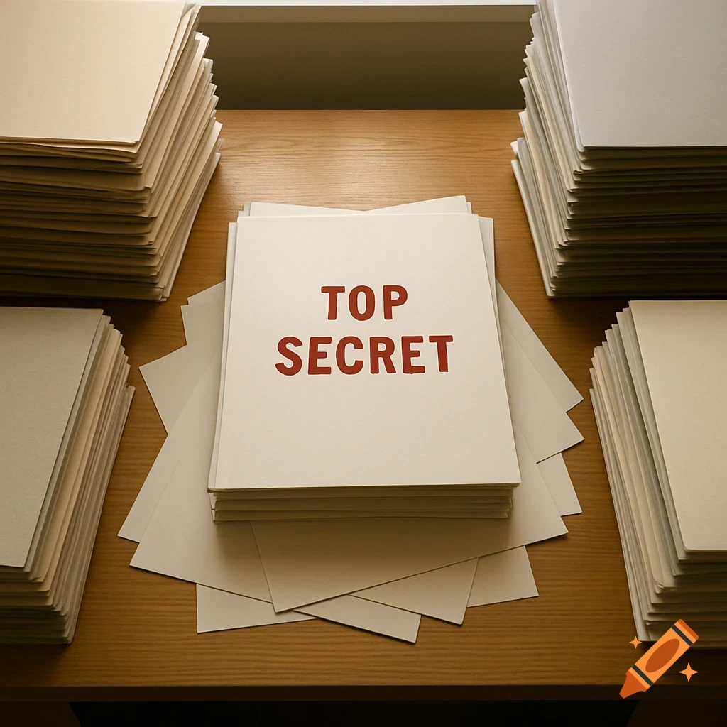 Top-down view of a wooden desk with document stacks, a central file prominently labeled "TOP SECRET" in red.