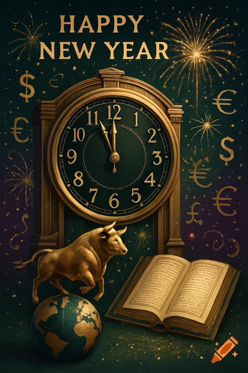 New Year's greeting card with "HAPPY NEW YEAR" text, a clock, a bull figurine, an open book, currency symbols, and fireworks on a dark green background.