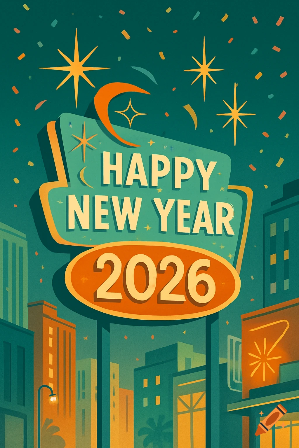 Mid-Century Modern style New Year's greeting sign in a cityscape, with confetti and stars.