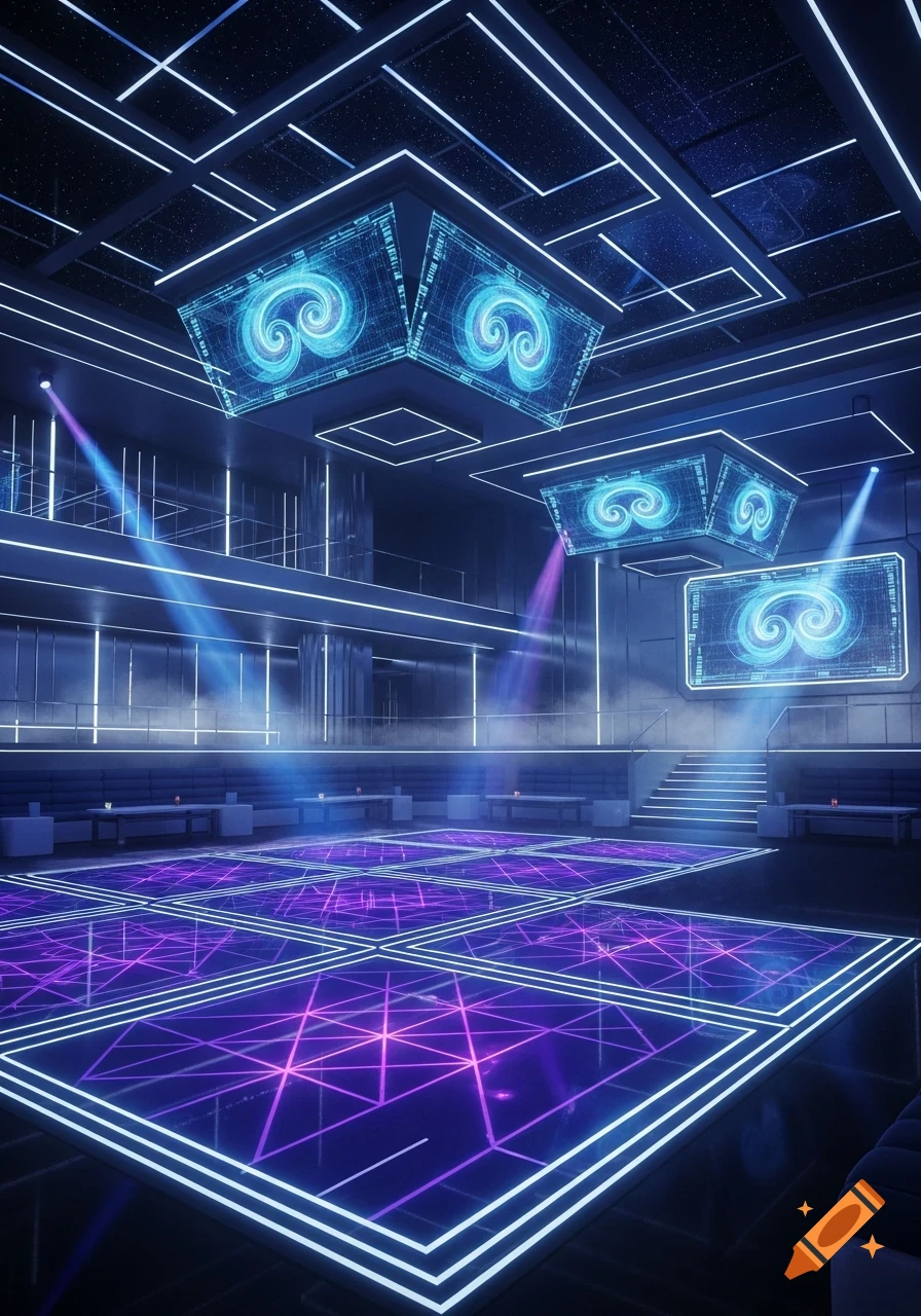 Empty, futuristic nightclub with a glowing purple and blue dance floor, elevated seating, and screens displaying swirling patterns.