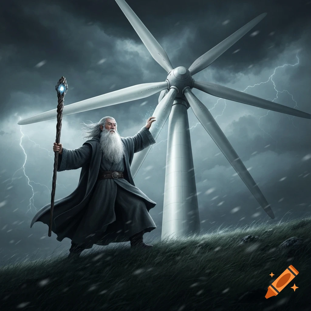 A grey-robed wizard with a long white beard stands on a grassy hill before a massive wind turbine during a stormy night with lightning and falling snow.