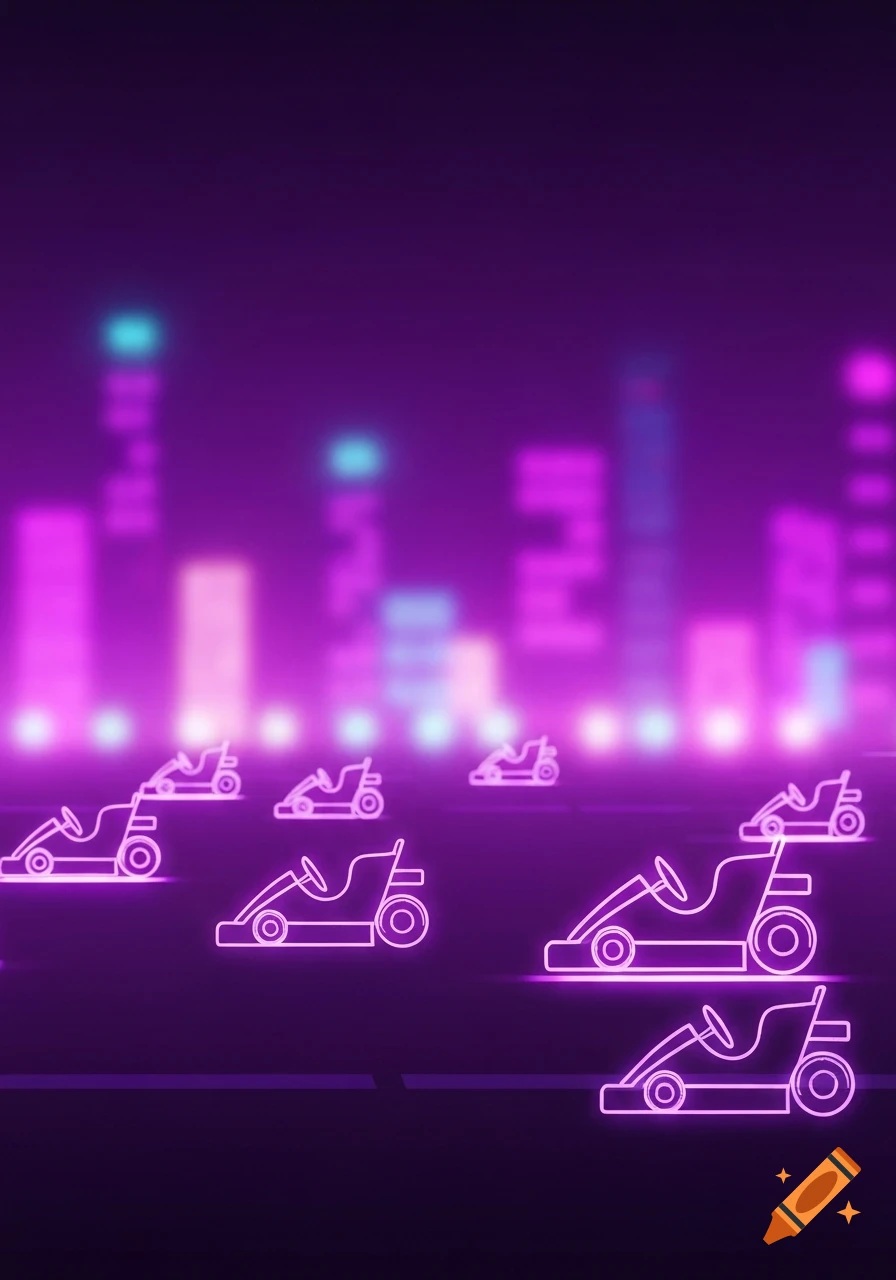 Neon outline go-karts race on a dark road with a blurred purple cyberpunk city skyline.