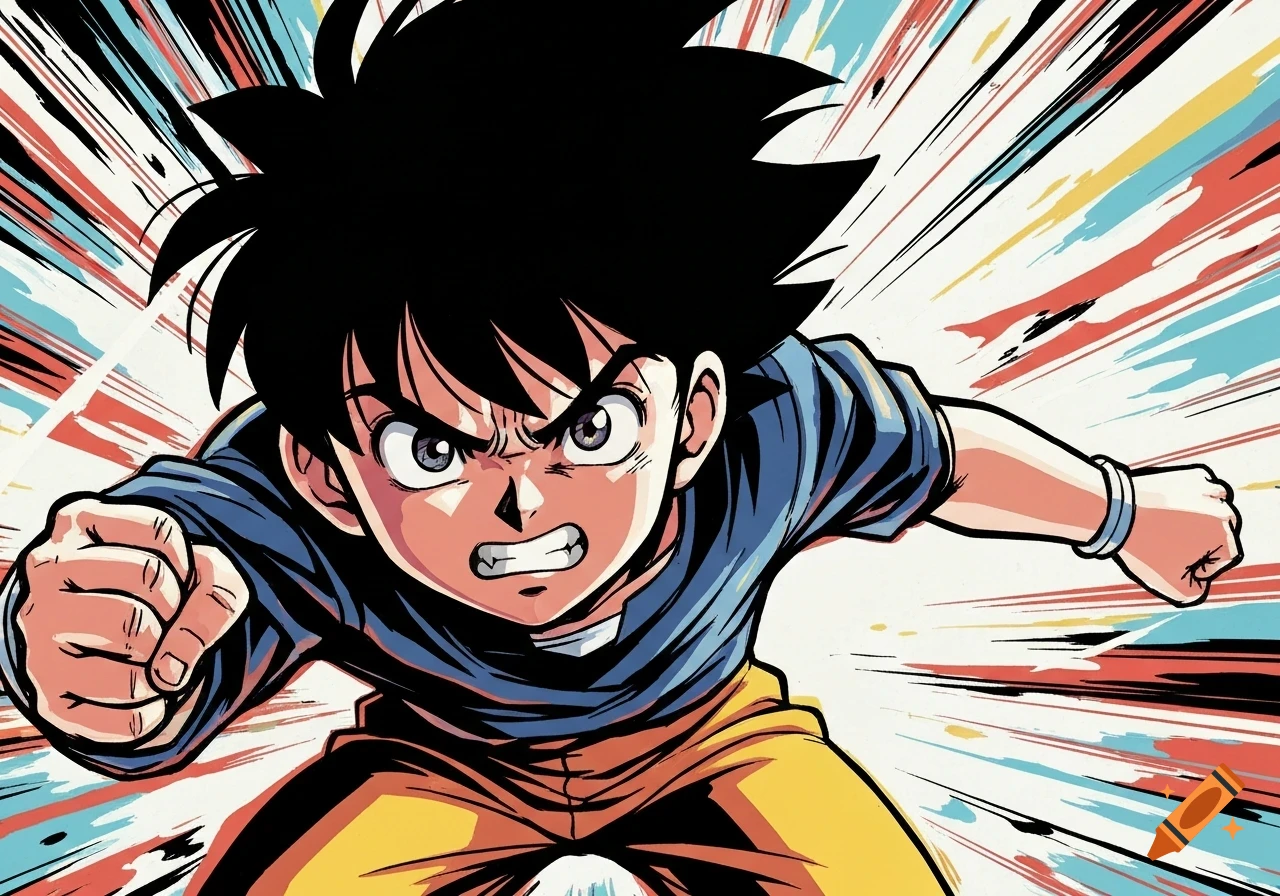 An anime boy with spiky black hair, a blue shirt, and yellow pants, with an angry expression, appears to be punching forward amidst colorful speed lines.