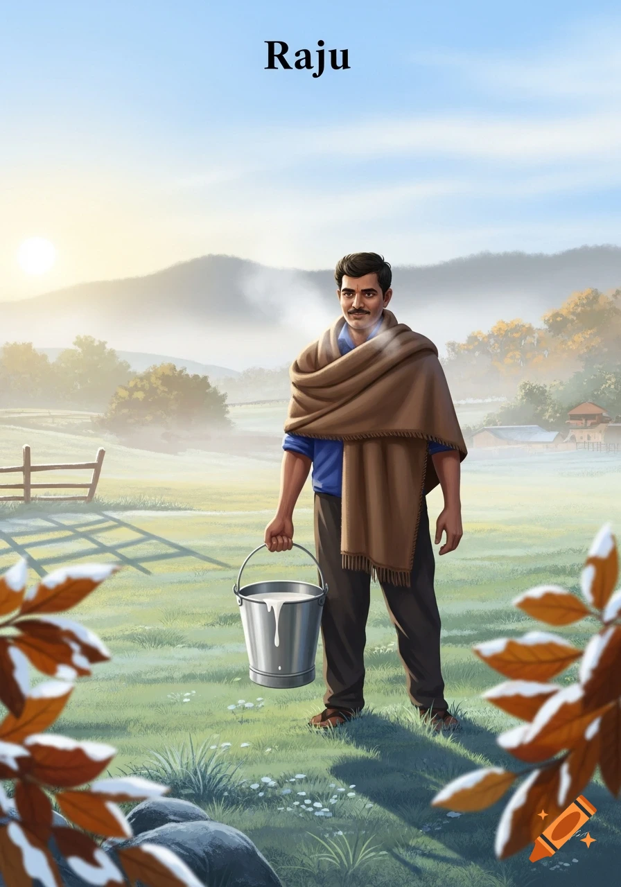 Illustration of a man named Raju, wrapped in a shawl, holding a milk bucket in a misty rural landscape at sunrise.