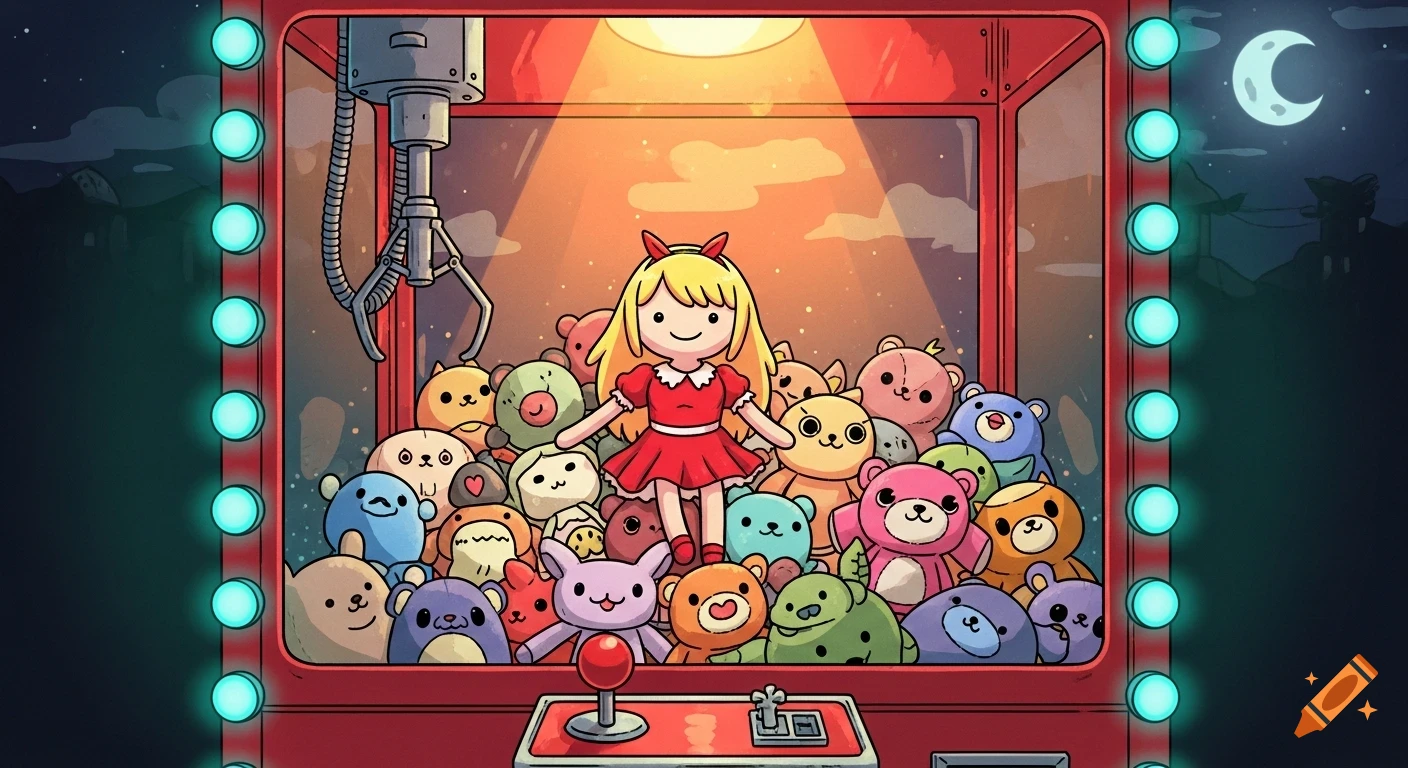 Hand-drawn cartoon of a red claw machine filled with cute stuffed animals and a blonde doll, glowing in a moonlit arcade.