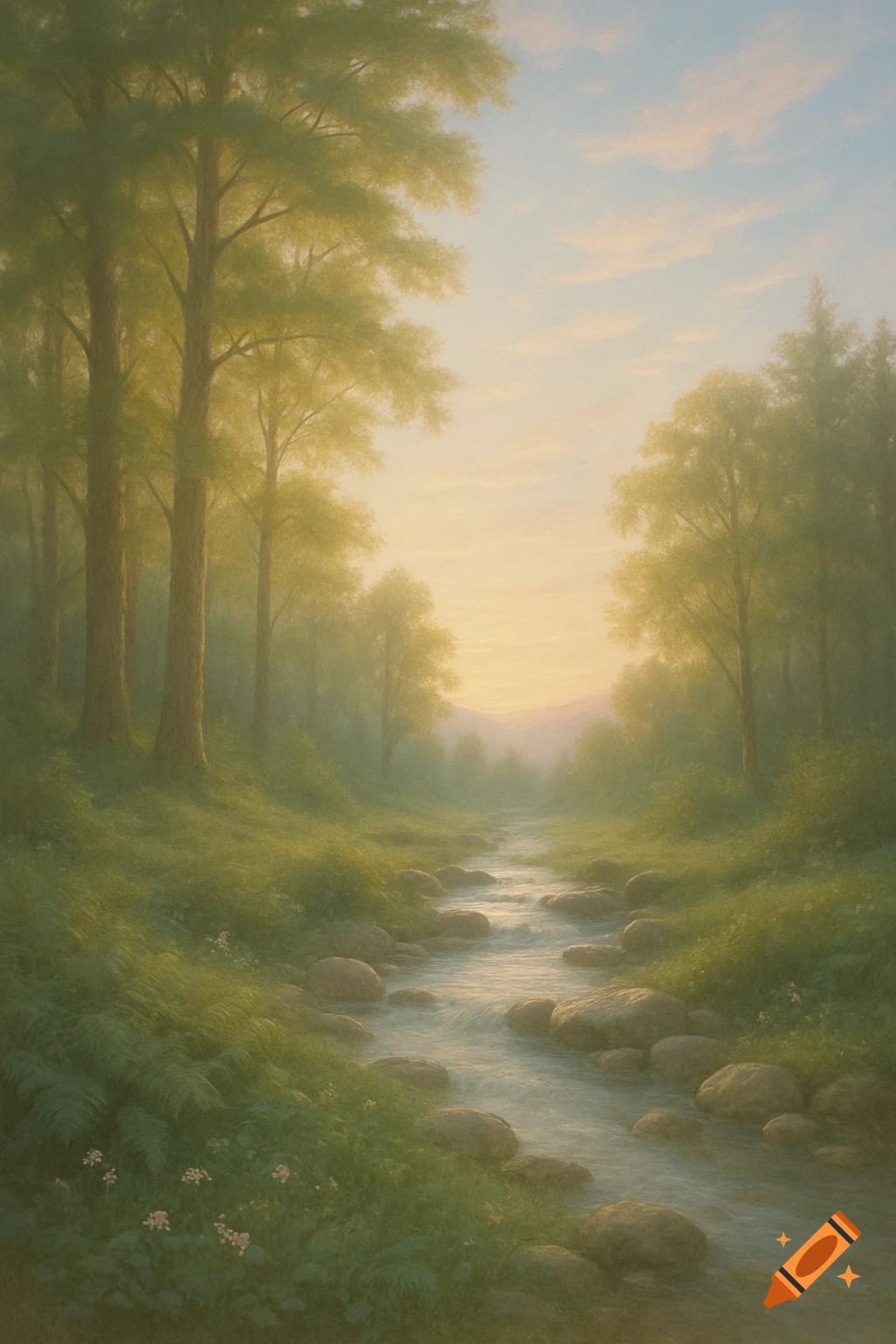 A serene forest stream flows over rocks under a soft, misty sky with ...