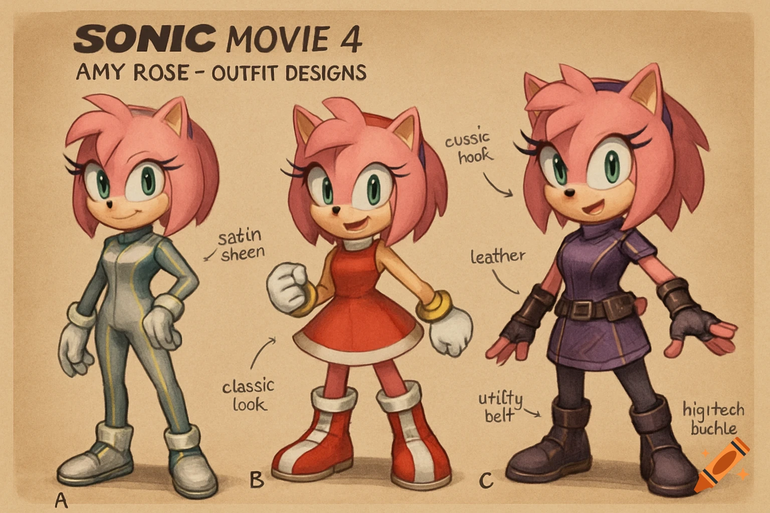 A character design sheet featuring three different outfit concepts for Amy Rose from Sonic, labeled A, B, and C. The outfits vary from a sleek jumpsuit to a classic dress and a utilitarian purple ensemble, on a beige background.
