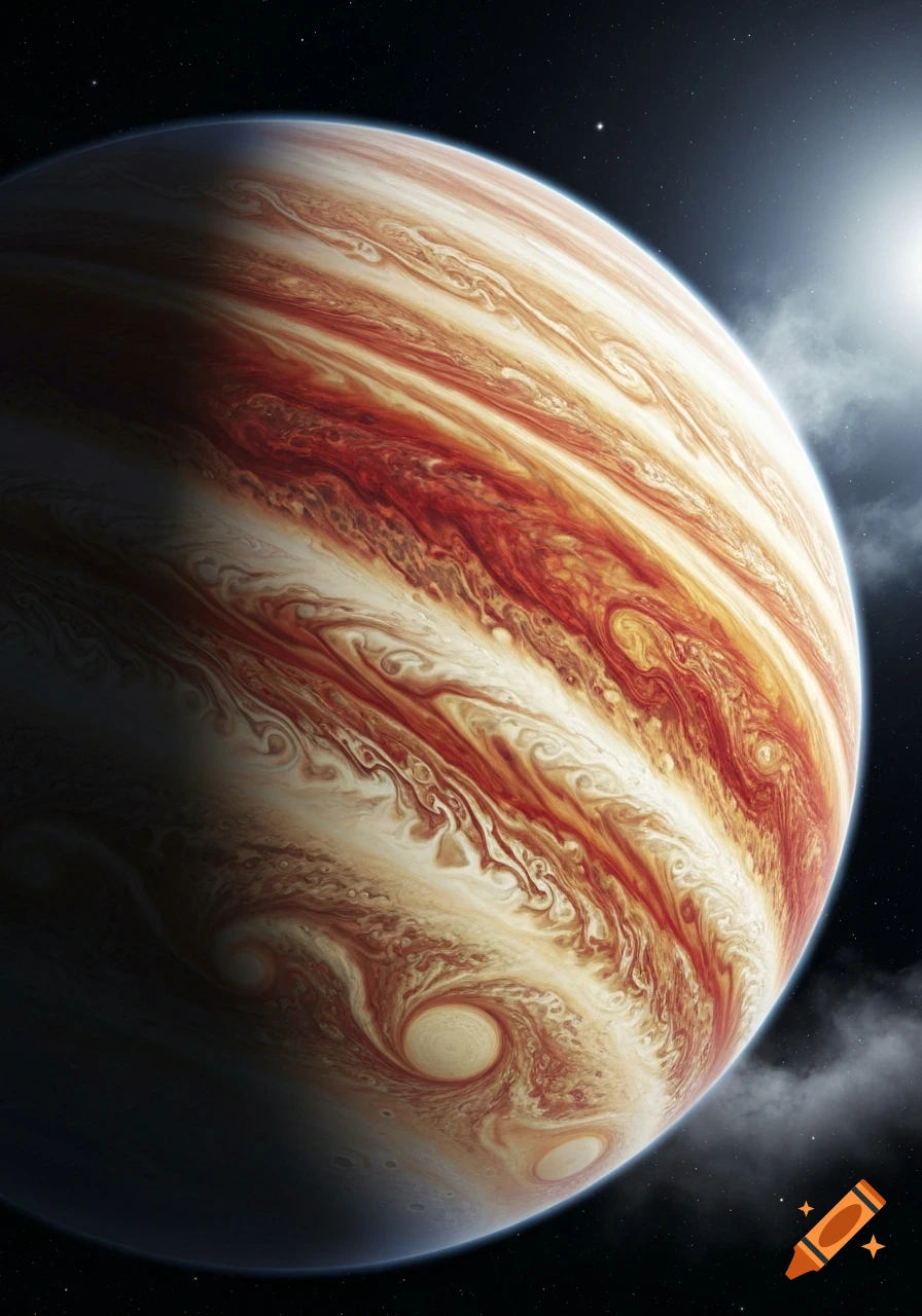 Detailed view of Jupiter, a gas giant with swirling red and white cloud bands, partially shadowed in dark, star-filled space.