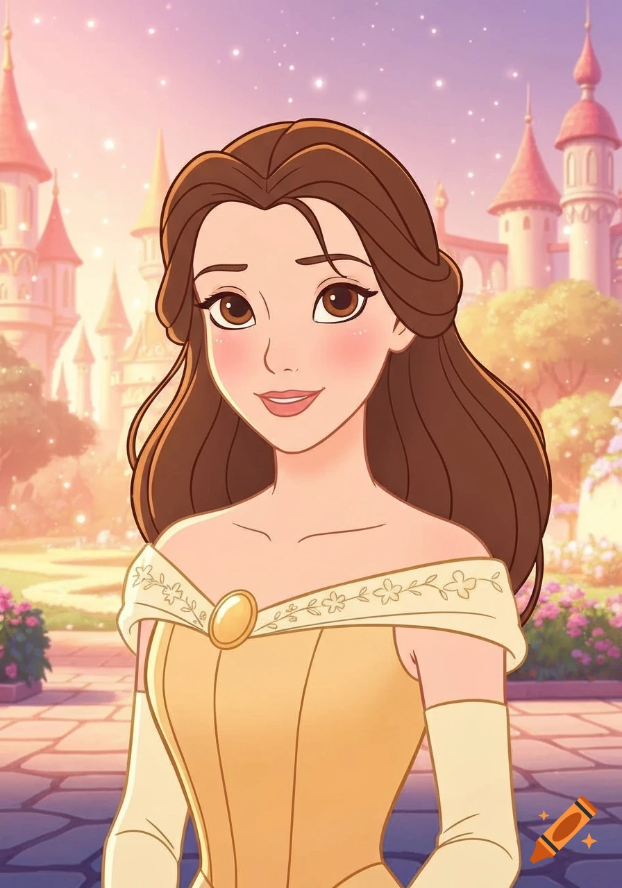 A cartoon princess with long brown hair and a gentle smile, wearing a gold and cream gown, stands before a magical castle at sunset.