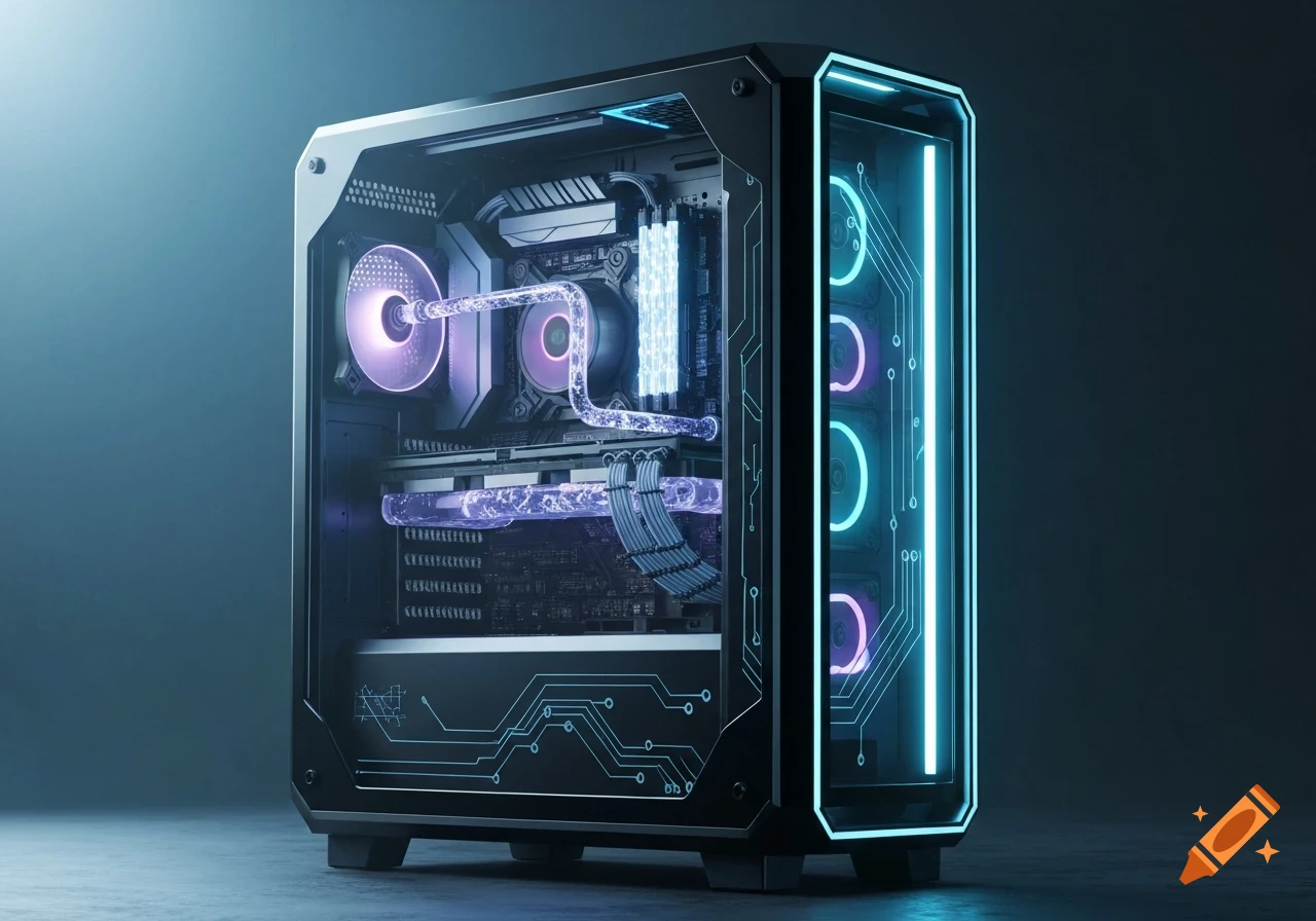 A sleek, futuristic full tower PC case with transparent panels, glowing cyan and purple LEDs, water cooling tubes, and circuit engravings.
