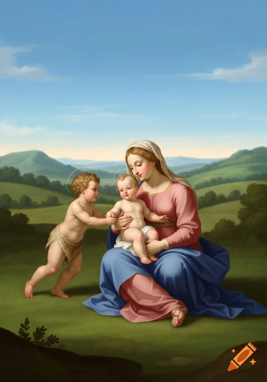A Renaissance painting depicts Mary, the Christ Child, and young John the Baptist in a pastoral landscape under a blue sky.