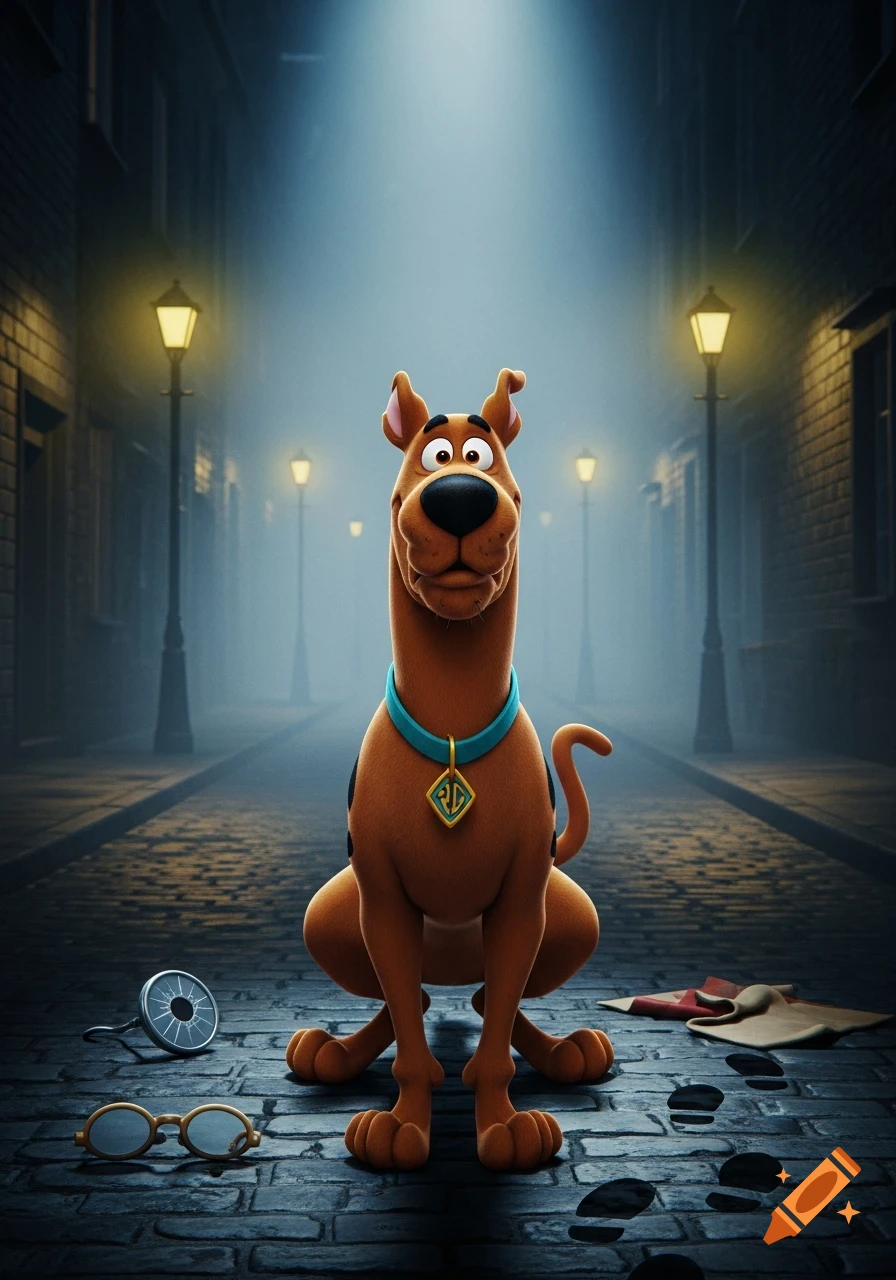 A brown cartoon dog, Scooby-Doo, with a teal collar and gold tag, sits in a foggy, cobblestone alleyway lit by streetlights. A magnifying glass, glasses, and footprints lie on the ground.