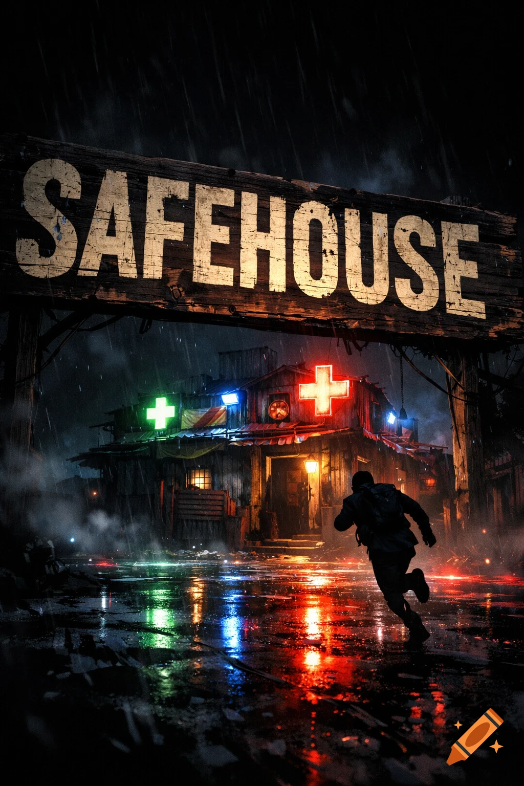 A figure runs through a rainy, neon-lit street towards a 'SAFEHOUSE' sign and building with medical crosses.