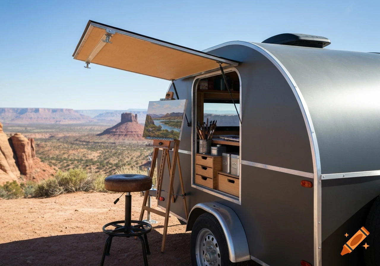 Photorealistic image of a teardrop camper art studio with an easel and stool in a vast desert landscape.